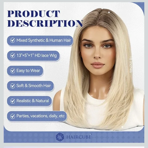 HAIRCUBE Human Hair Wig Lace Front, Rooted Creamy Light Blonde, 18" - Picture 4 of 15
